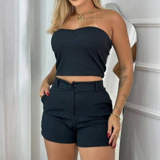 Conjunto Feminino Cropped Top Decote e Short Botão com Bolso Cintura Alta